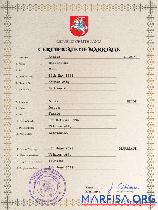 Downloadable Lithuania marriage certificate PSD template